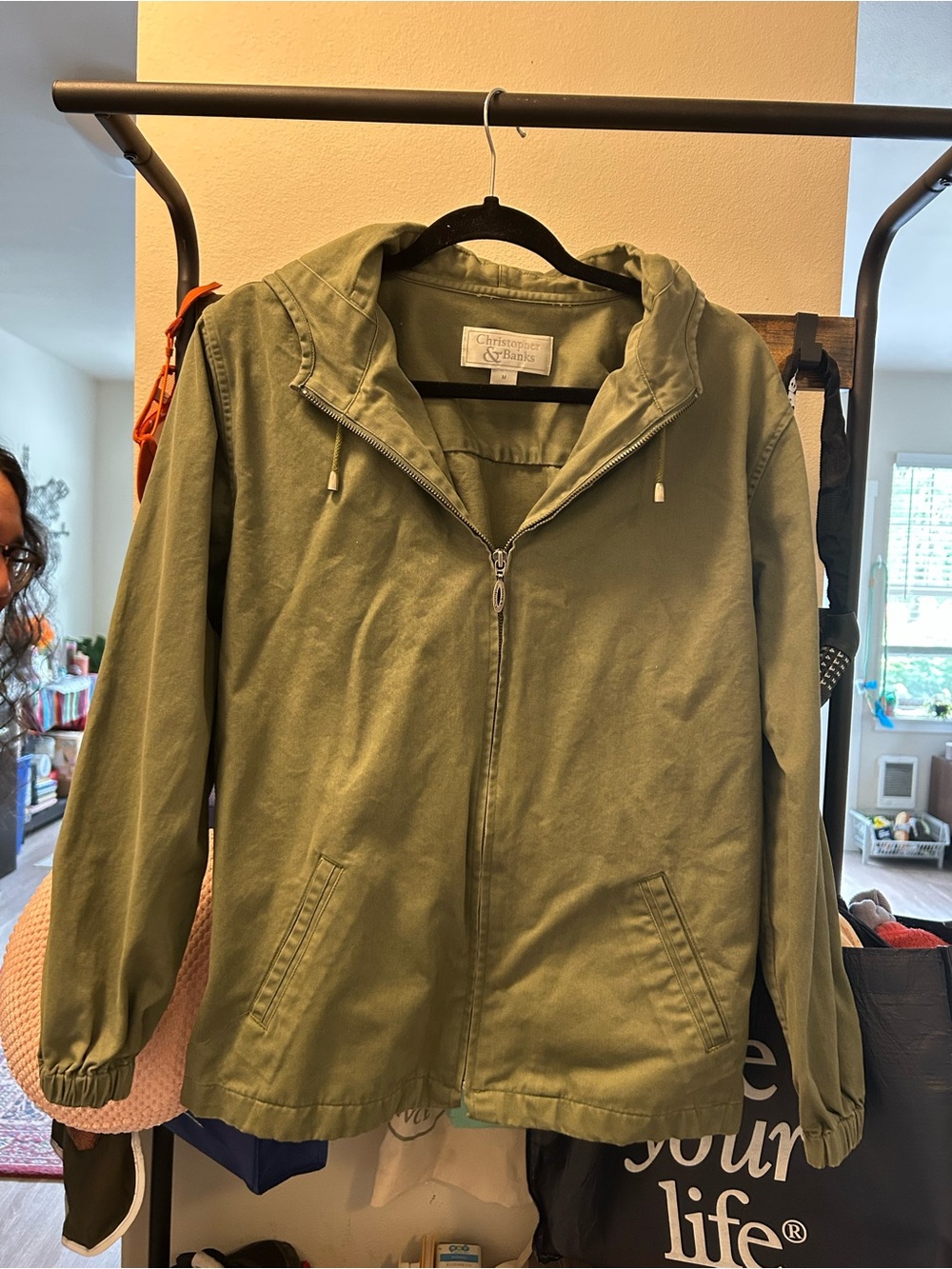 Christopher & Banks Olive Hooded Zip-Front Jacket in Olive Green, Size Medium